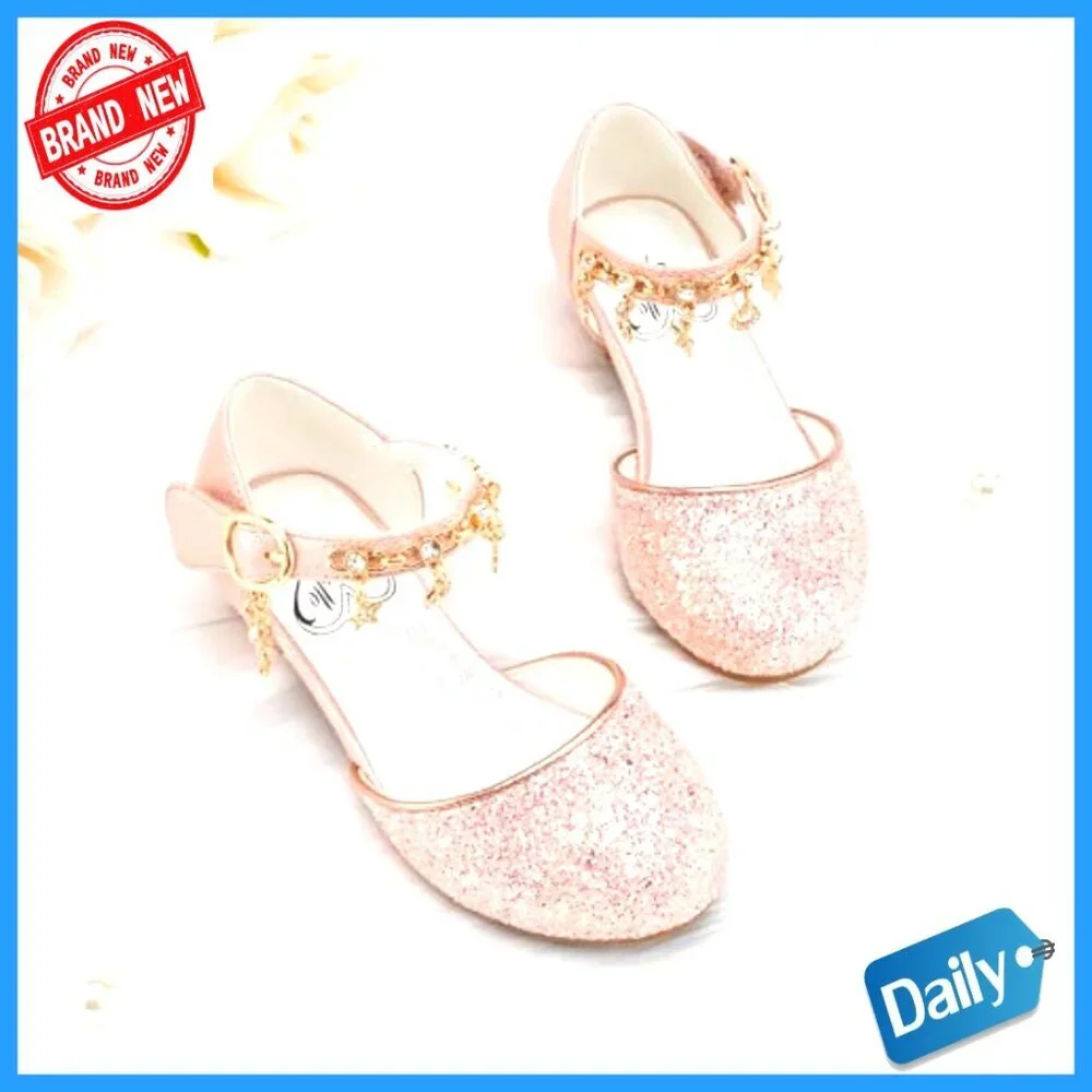 Girls Dress Sandals with Sequins Velcro Straps 1 Inch Heel Flower Wedding Party